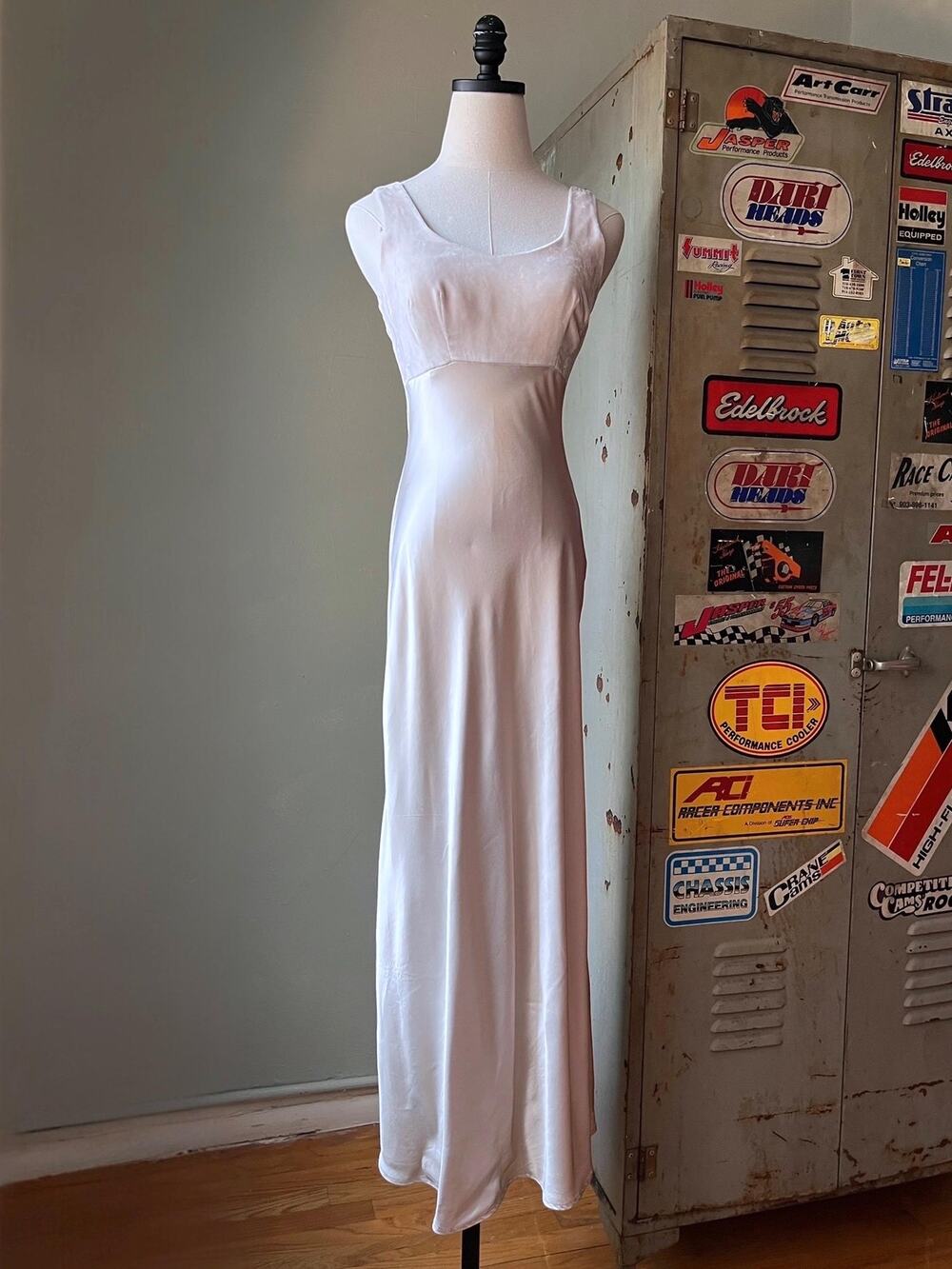 Vintage 90s Champagne Satin Slip Dress | Velvet Bust | Bridalcore gown | Size 3